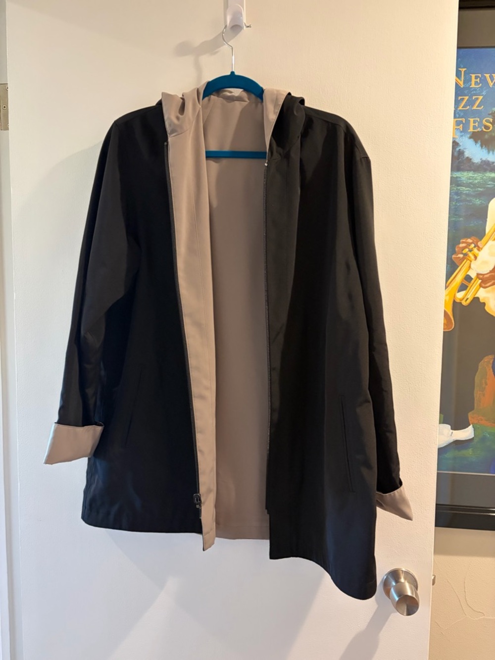 Gallery reversible Two-Tone Hooded Utility & Rain Jacket in Black and Beige